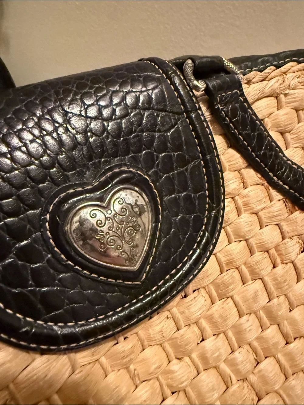 Brighton Natural Straw Tote with Dark Brown Trim and Heart Charm